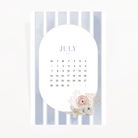 July calendar dashboard — soft coastal stripe border with coral, shells, and sea anemones in pastel tones