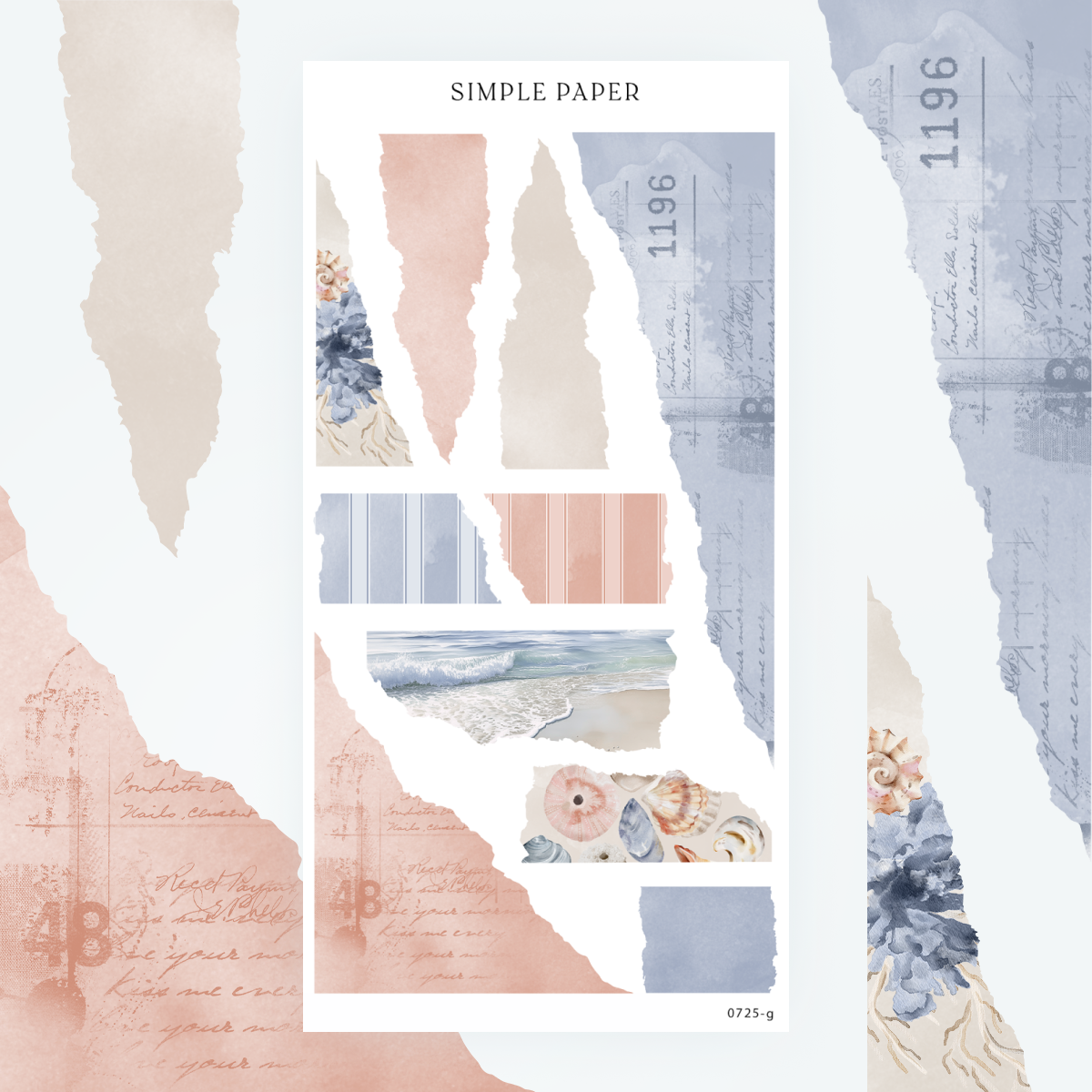 Coastal washi strips and torn-edge paper stickers in soft nautical tones—perfect for layering beach-themed journal pages
