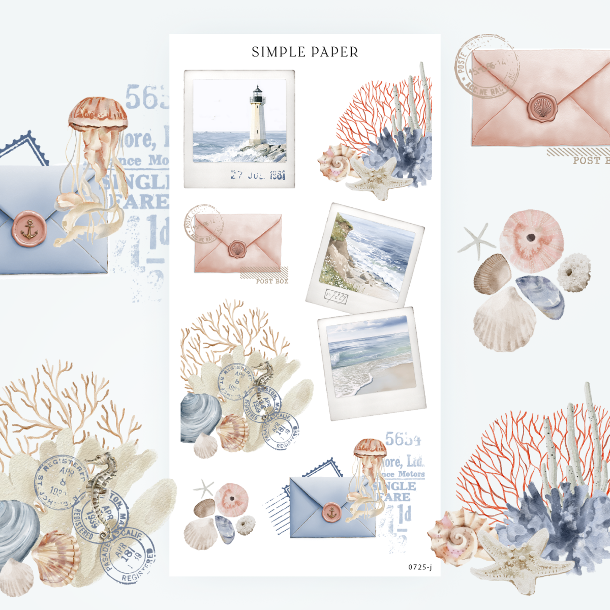 Seaside-themed envelopes, coral stamps, polaroid beach photos, and soft shells—ideal for travel journaling and memory keeping