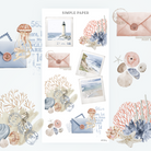 Seaside-themed envelopes, coral stamps, polaroid beach photos, and soft shells—ideal for travel journaling and memory keeping