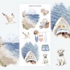 Seaside stickers with a yacht view, cliffside beach, picnic basket, dog with bow, and summer swimsuits—ideal for nautical spreads