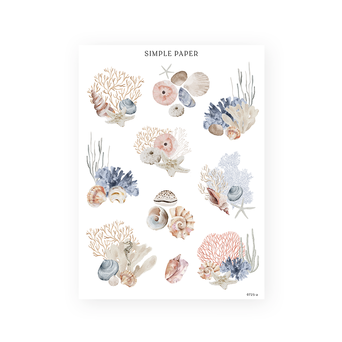 Coral and seashell cluster stickers — ocean-themed journaling accents in soft coastal tones, featuring anemones, sea fans, and conch details
