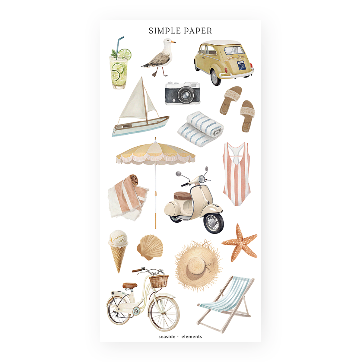 Retro beach day elements—umbrella, scooter, vintage car, swimwear, and seaside icons—perfect for vacation spreads, summer planning, and travel journaling