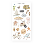 Retro beach day elements—umbrella, scooter, vintage car, swimwear, and seaside icons—perfect for vacation spreads, summer planning, and travel journaling