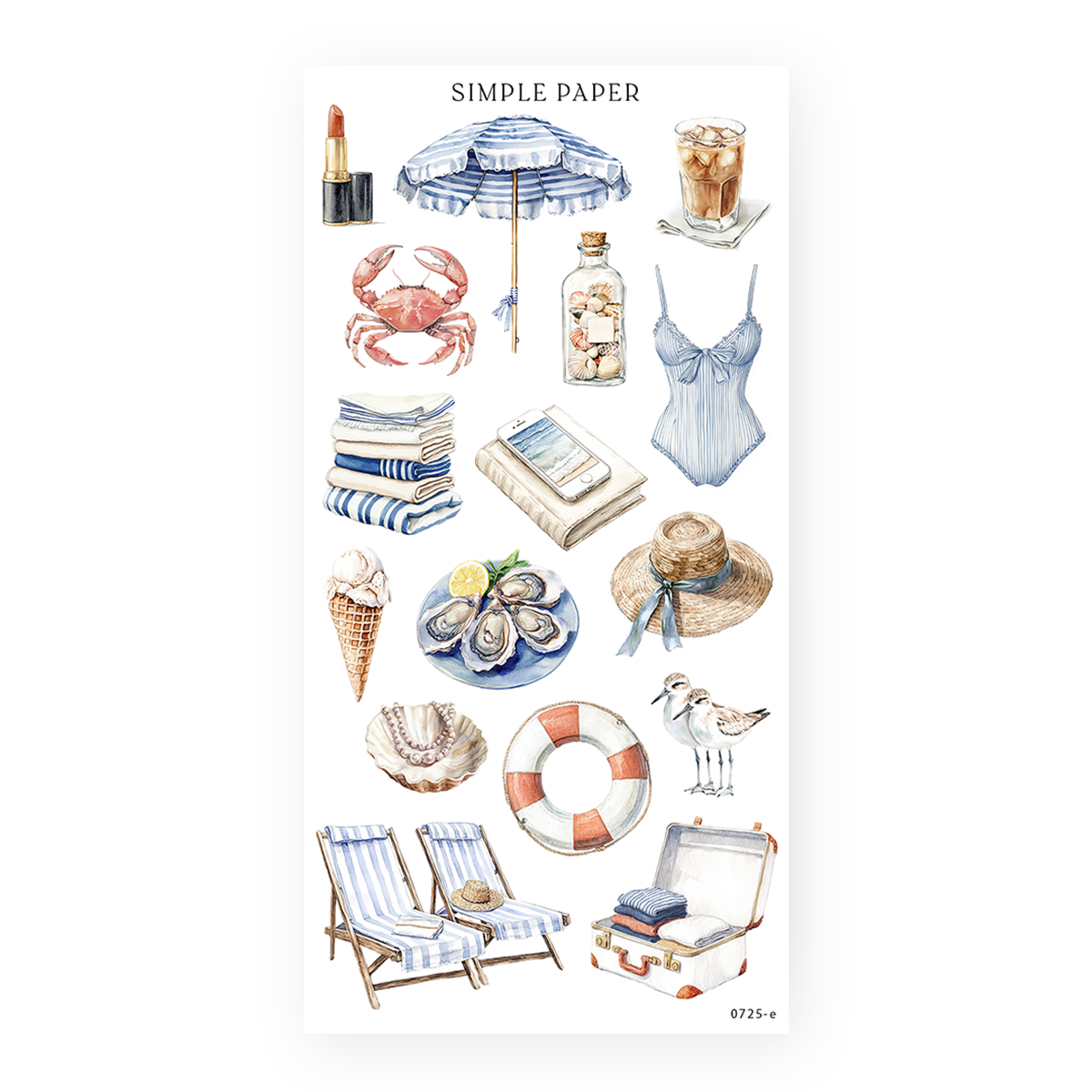 Beach day essentials—sunhat, oysters, deck chairs, and coastal accessories—perfect for summer journaling, seaside spreads, and memory-keeping