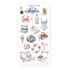 Beach day essentials—sunhat, oysters, deck chairs, and coastal accessories—perfect for summer journaling, seaside spreads, and memory-keeping