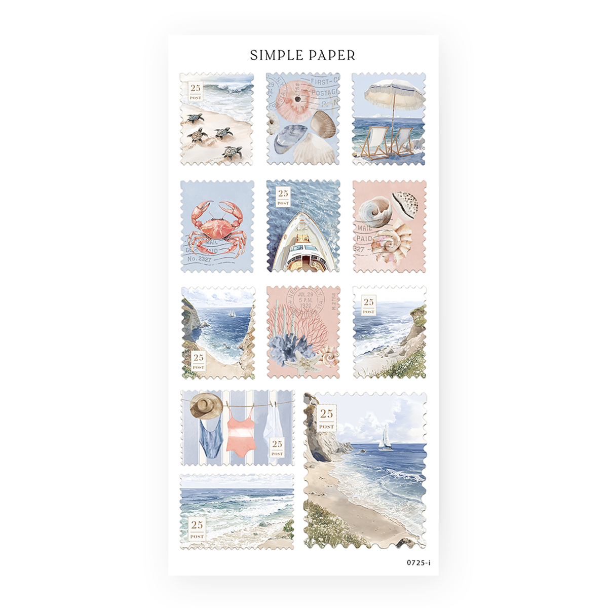 Vintage-style seaside postage stamps—featuring beach views, coral blooms, crabs, shells, and summer motifs for journaling spreads