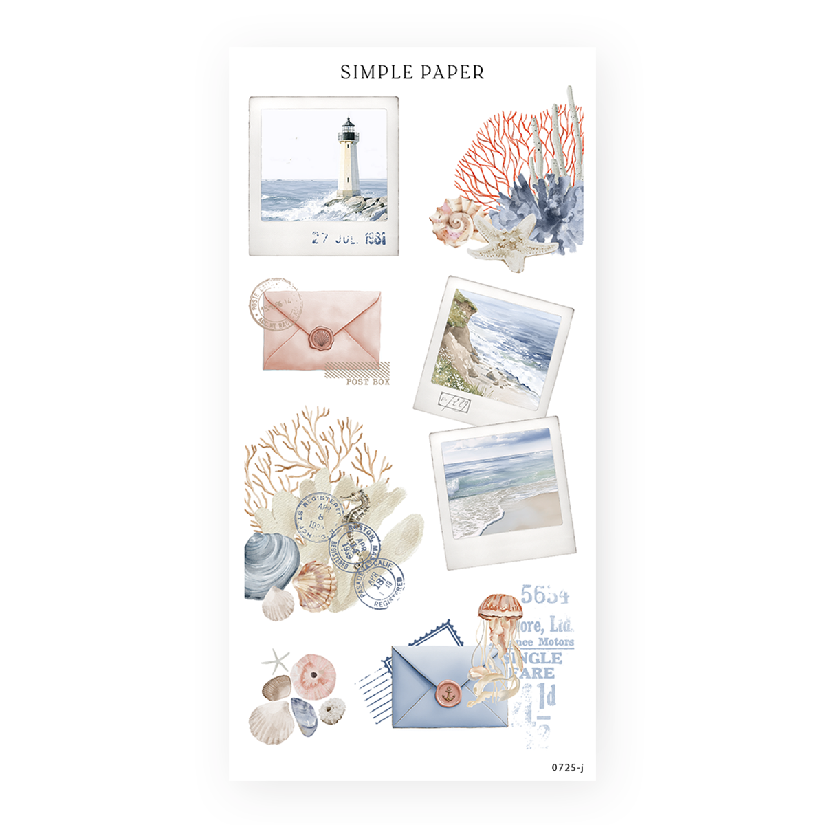 Coastal Polaroids, vintage envelopes, ocean shells, and postage ephemera—perfect for journaling, letter themes, and nostalgic summer spreads