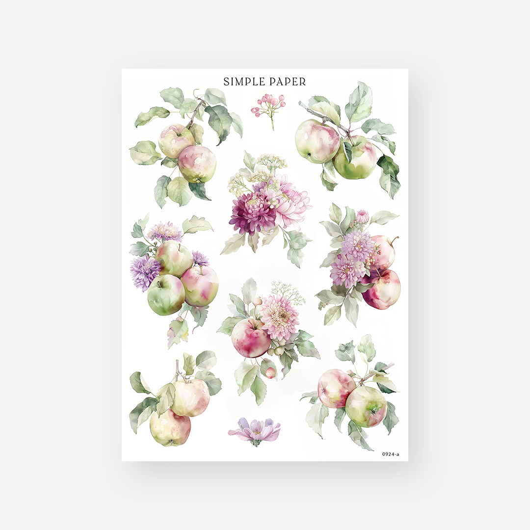 Sheet of journaling stickers with apple and flower motifs on a white background, featuring chrysanthemums, blossoms, and branches