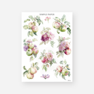 Sheet of journaling stickers with apple and flower motifs on a white background, featuring chrysanthemums, blossoms, and branches