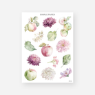 Sheet of journaling stickers with apple motifs on a white background, featuring flowers, berries, and leaves