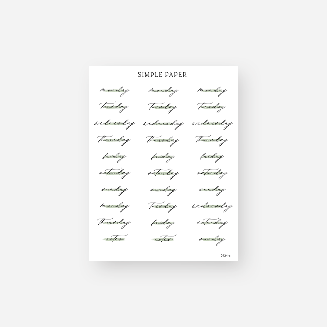 September 2024 – Sheet C | Script Weekday Stickers – Simple Paper