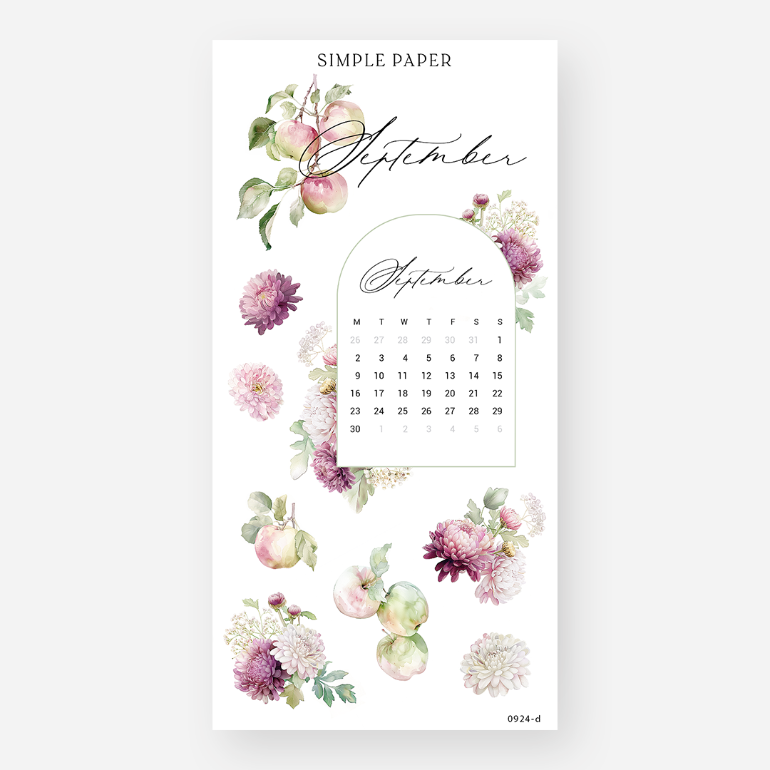 Sheet of planner stickers with a September 2024 calendar on a white background, featuring apples and soft watercolor florals