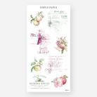 Sheet of decorative stickers with vintage ephemera and apples on a white background, featuring postcards, blossoms, and orchard motifs