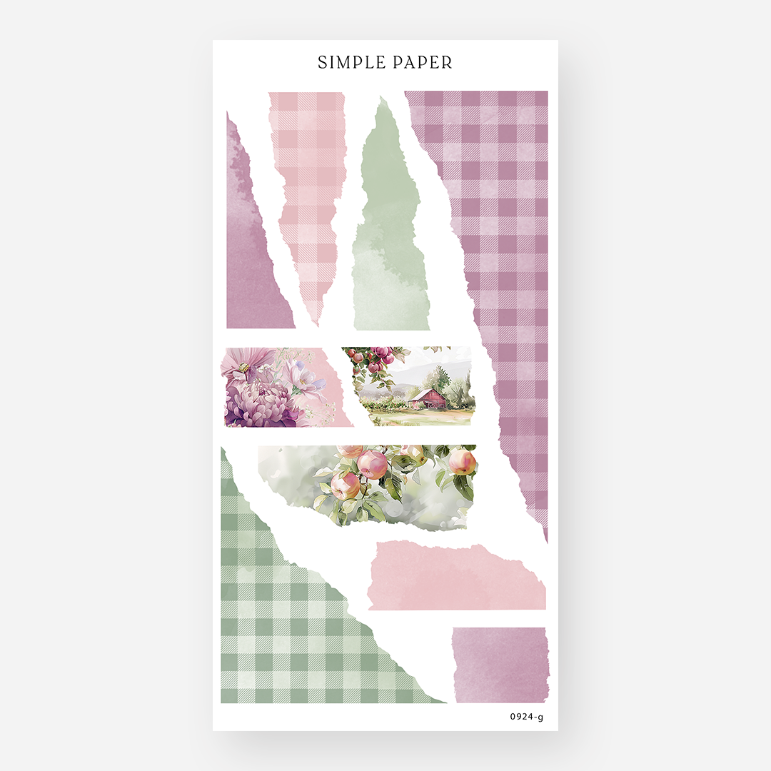 Sheet of journaling stickers with torn paper designs, gingham, florals, and orchard accents on a white background