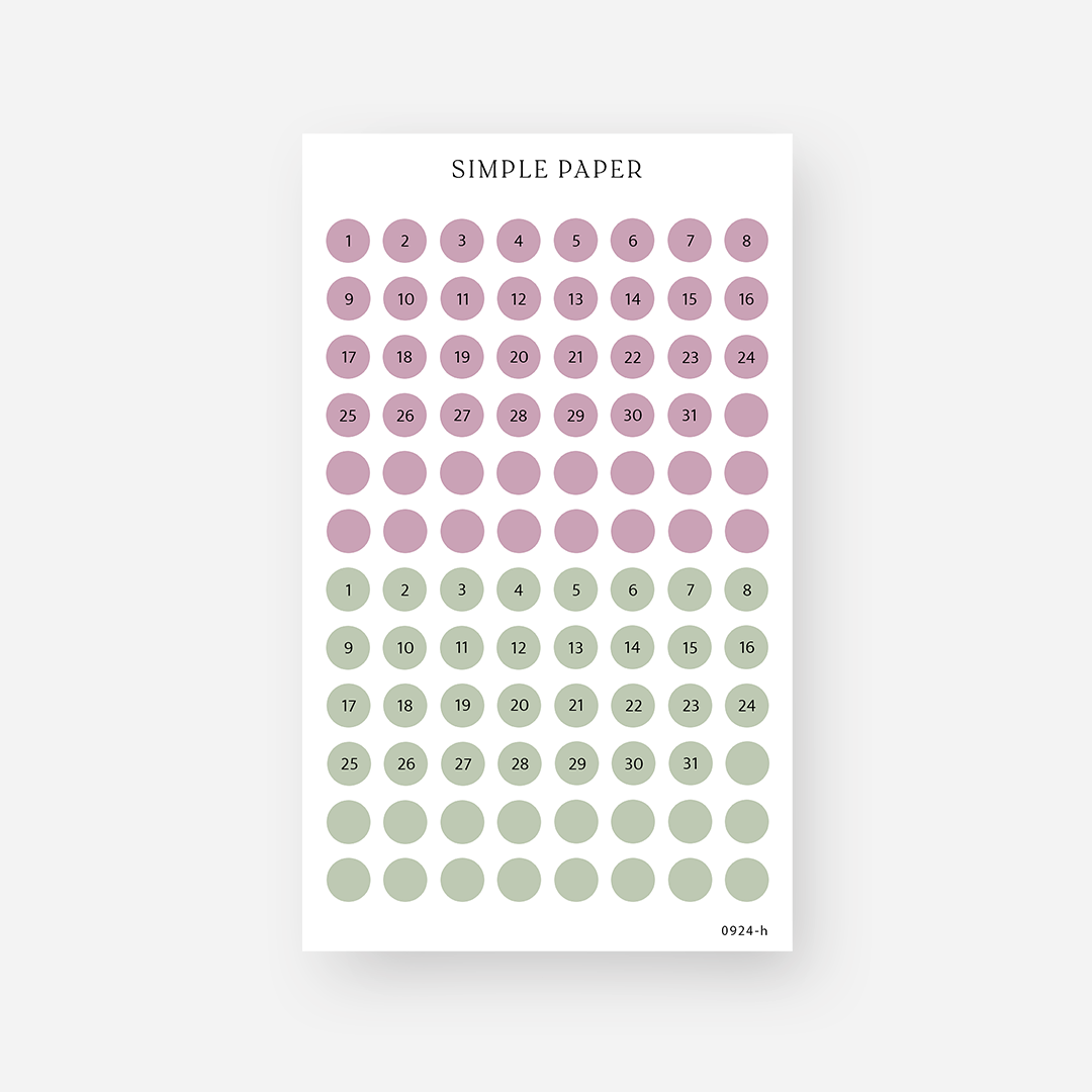 Sheet of planner stickers with round date dots in plum and sage on a white background