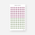 Sheet of planner stickers with round date dots in plum and sage on a white background