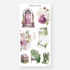 Sheet of decorative stickers featuring a pink doorway, chrysanthemums, cozy chair, boots, and countryside Polaroids on a white background