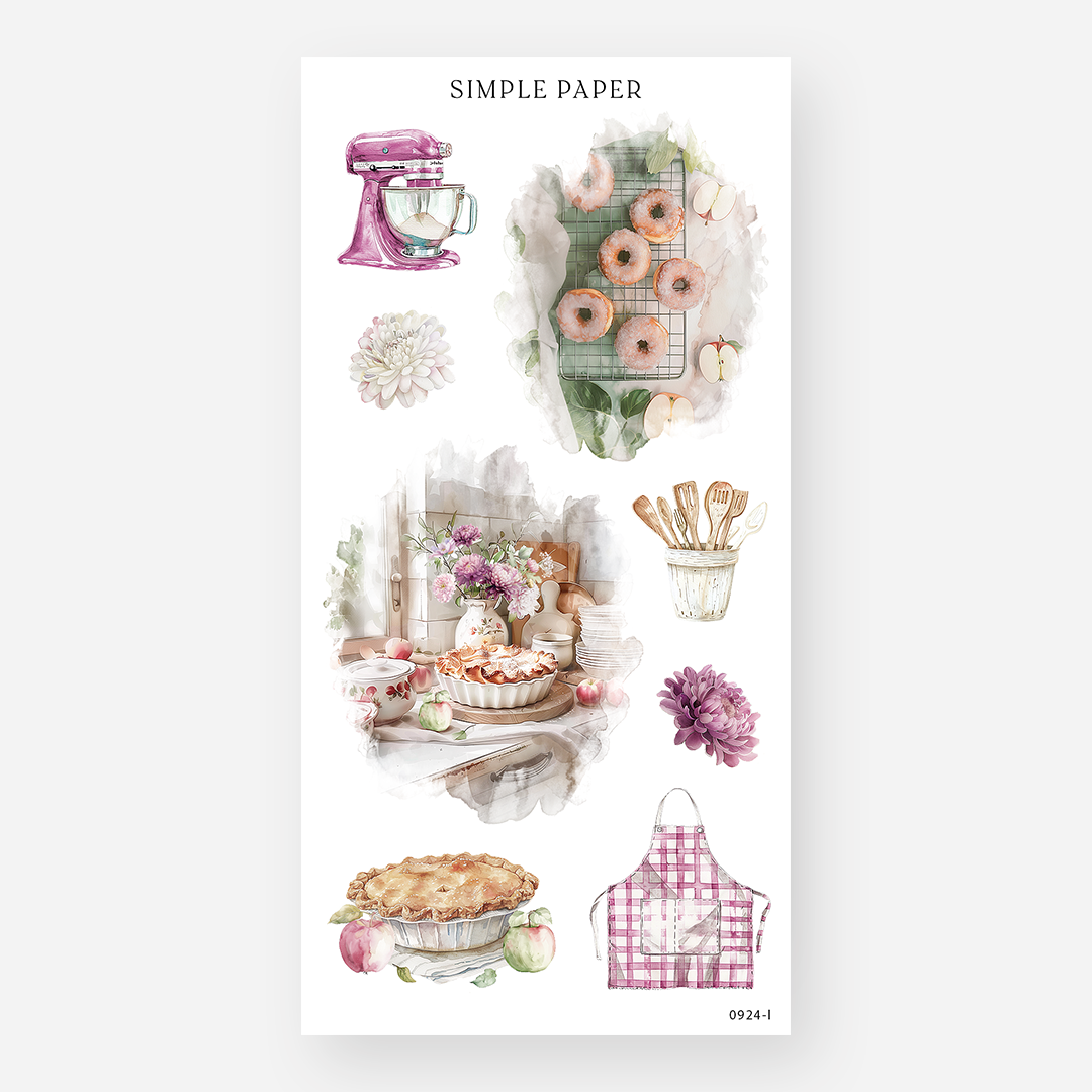 Sheet of decorative stickers featuring apple pies, donuts, mixer, apron, flowers, and baking tools on a white background