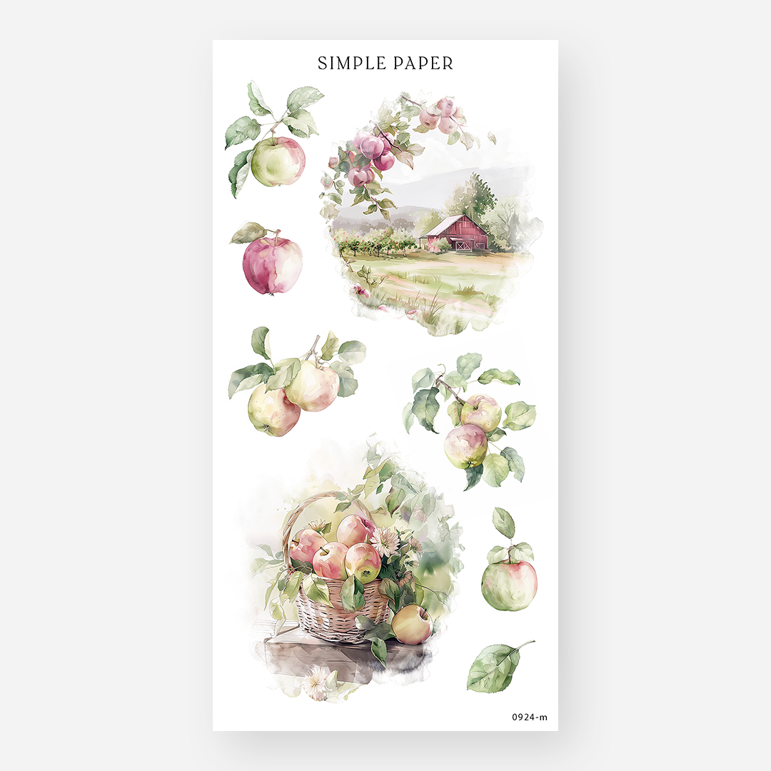 Sheet of decorative stickers with orchard apples, basket, barn, and leaves on a white background