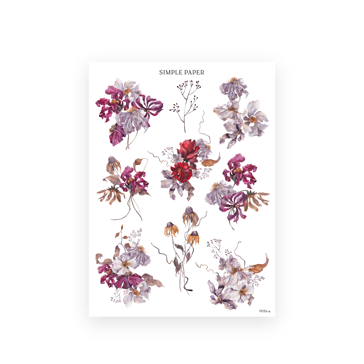 Pretty Season Sheet A sticker sheet: watercolor plum irises, white cosmos, a deep red rose and dried coneflowers