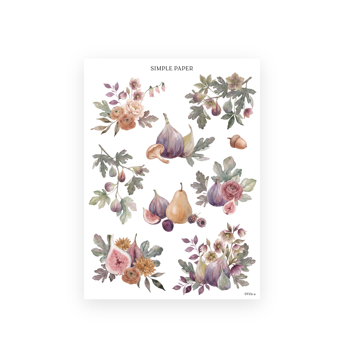 Autumn Living Sheet A sticker sheet: watercolor fig branches, peach roses, acorns and chanterelle mushrooms