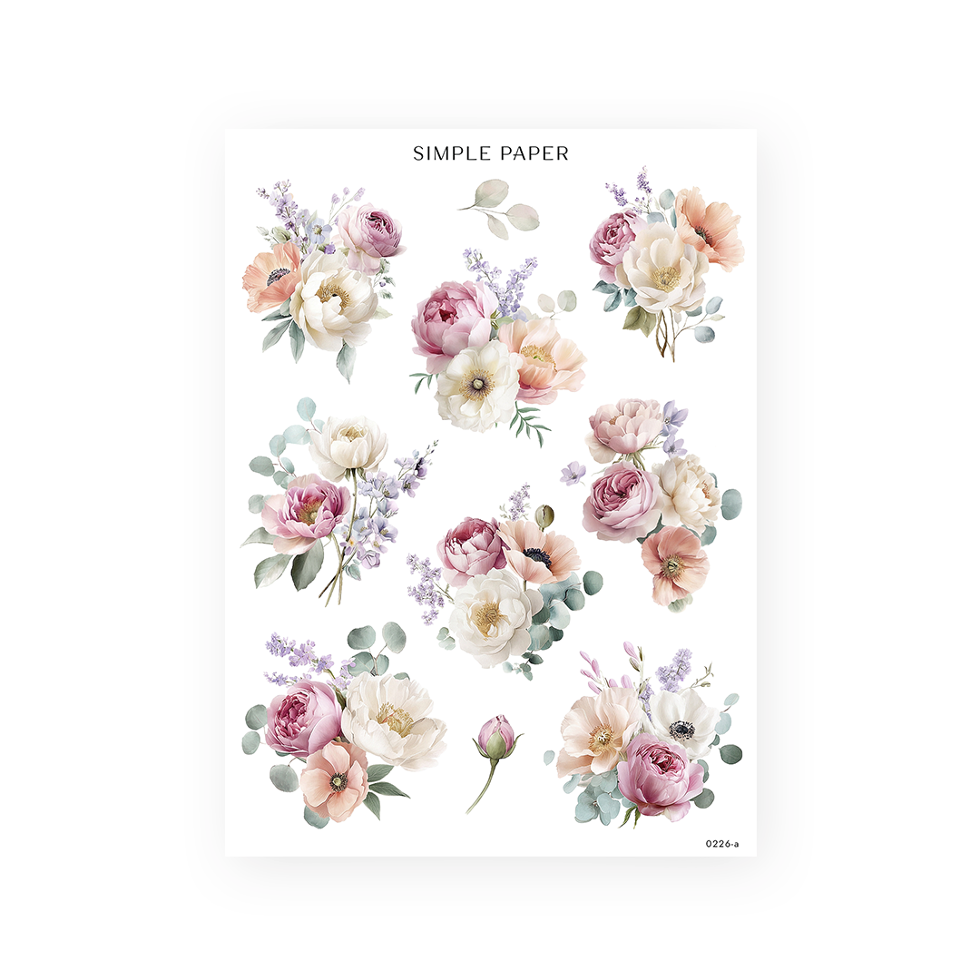 Romanticize Life Sheet A sticker sheet: peonies, garden roses, poppies and anemones with lavender