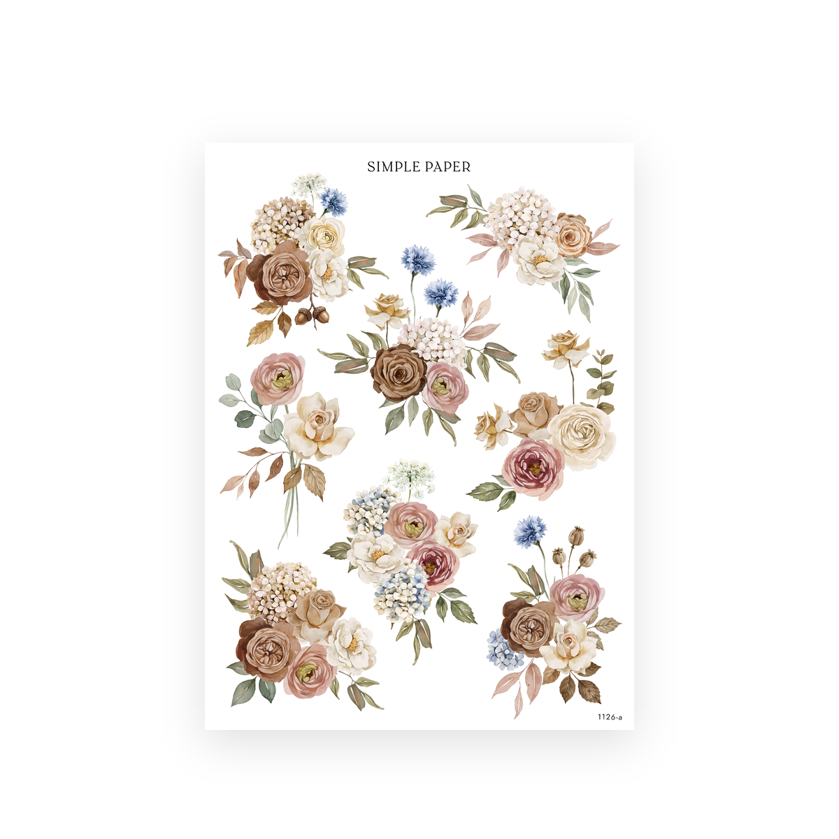 Watercolor bouquets of dusty pink and cocoa roses, cream hydrangeas, blue cornflowers and acorns on a white sticker sheet