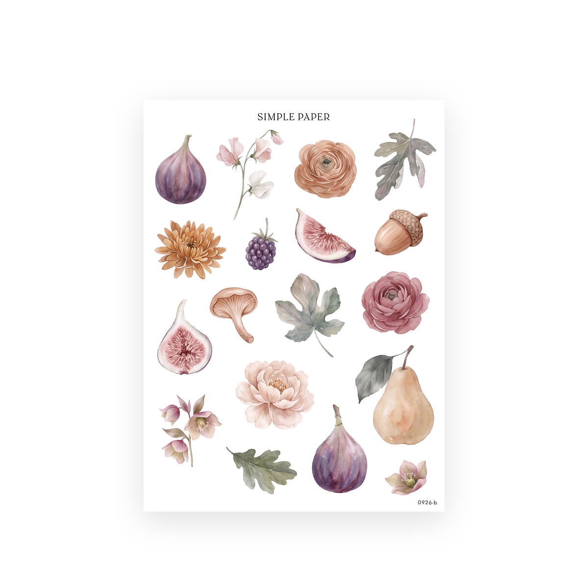 Autumn Living Sheet B sticker sheet: single watercolor figs, pears, ranunculus, peonies and oak leaves