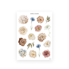 Single watercolor roses, ranunculus, hydrangeas, blue cornflowers, Queen Anne's lace and sage leaves on a sticker sheet