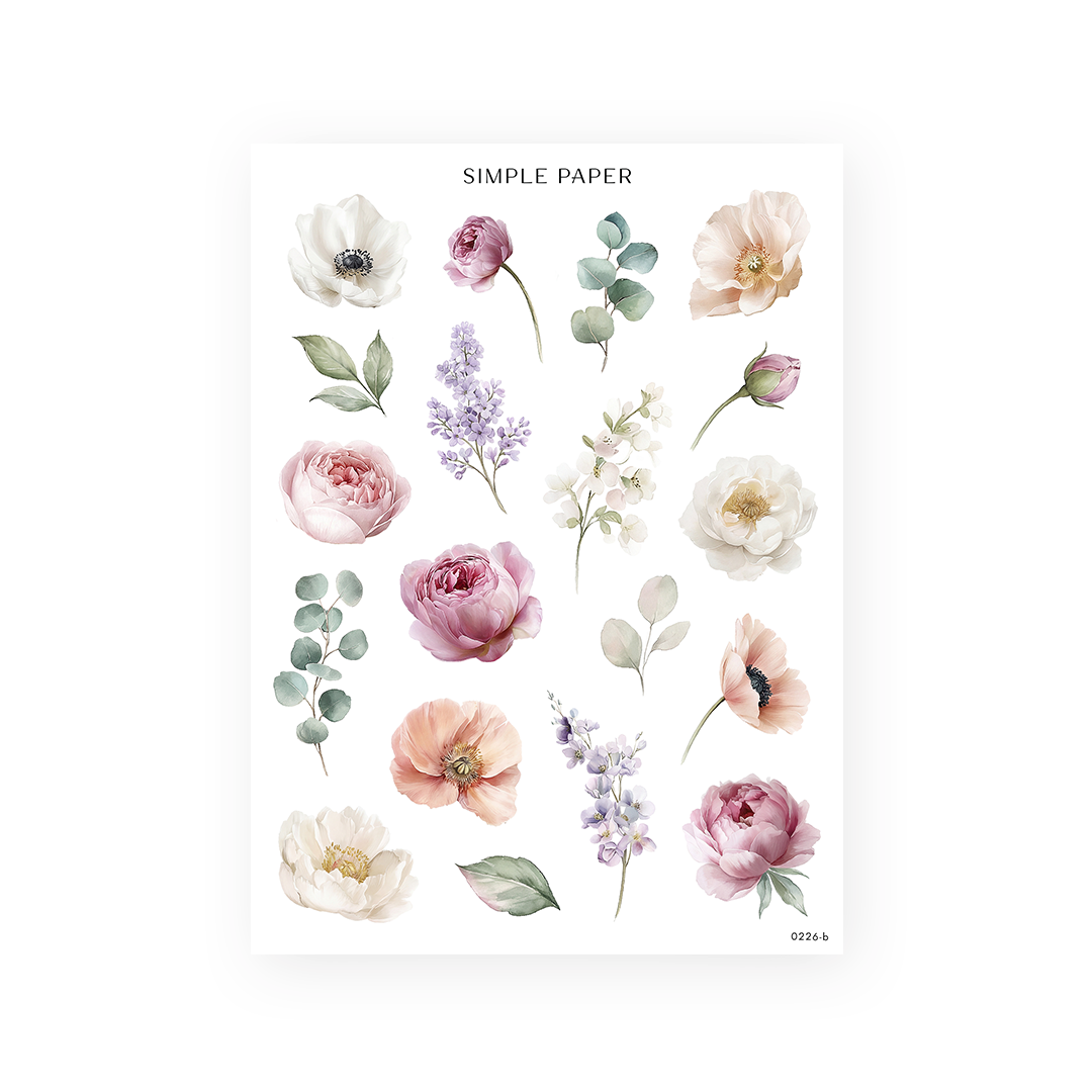 Romanticize Life Sheet B sticker sheet: single anemones, ranunculus, poppies, lilac and eucalyptus stems