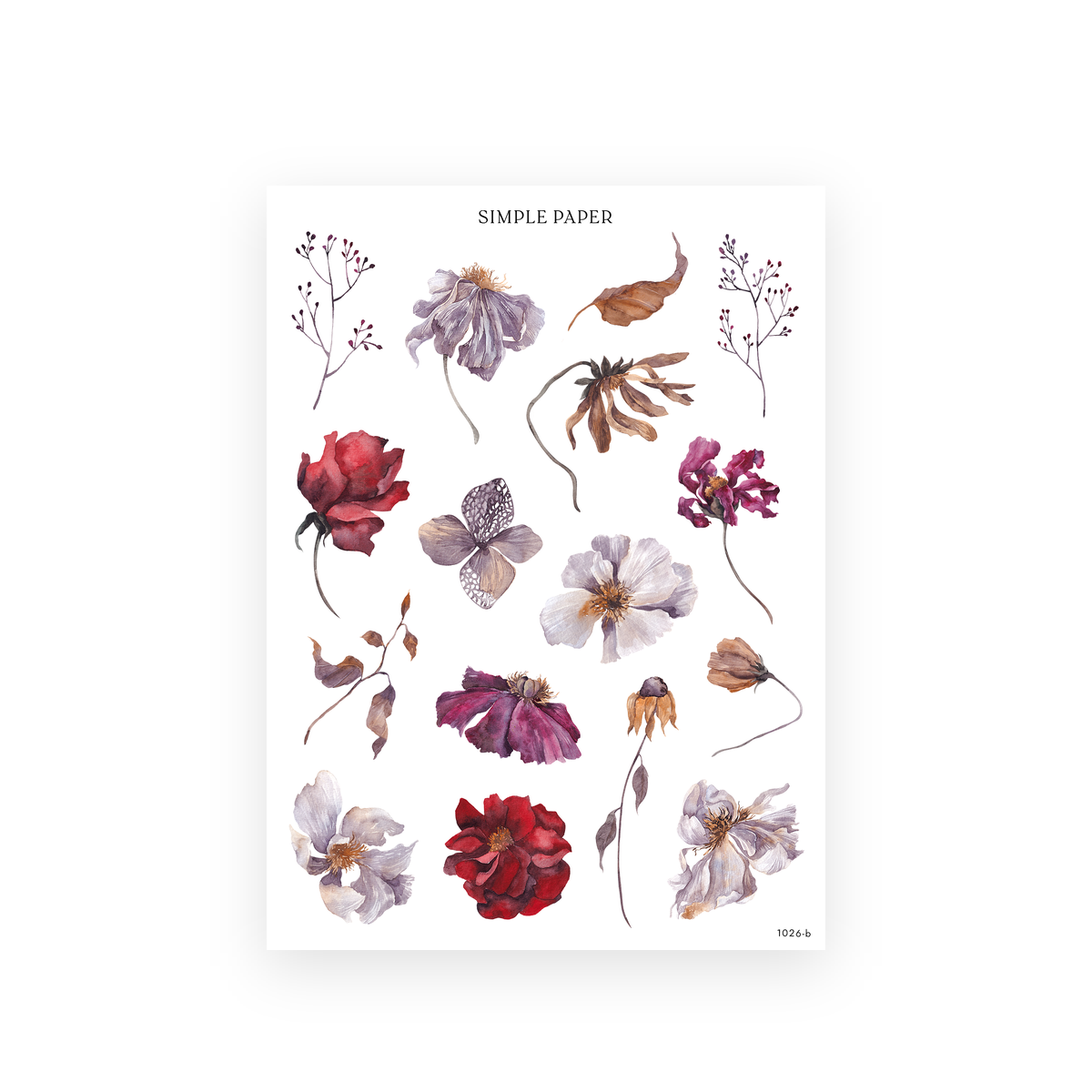 Pretty Season Sheet B sticker sheet: single watercolor poppies, a red rose, lilac cosmos, hydrangea and seed sprays