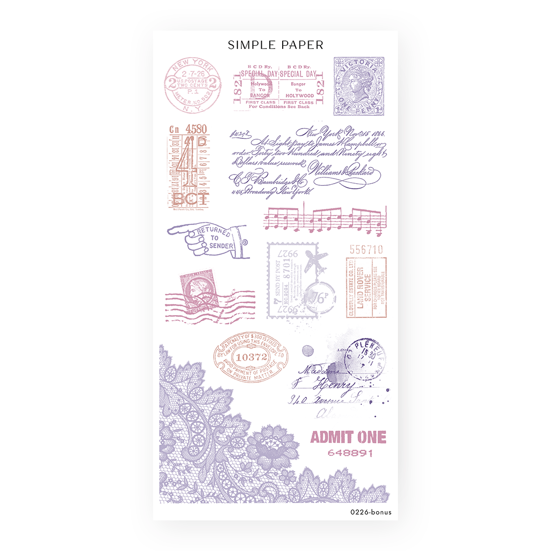Romanticize Life Sheet Bonus sticker sheet: postmarks, ticket stubs, a Victorian stamp and a ledger note