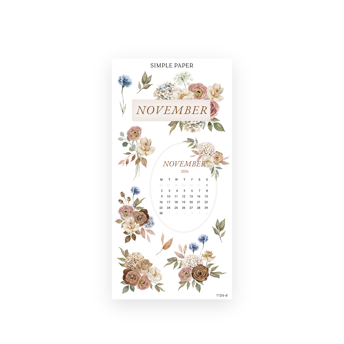 November 2026 calendar and November header stickers framed with watercolor roses, hydrangeas and blue cornflowers