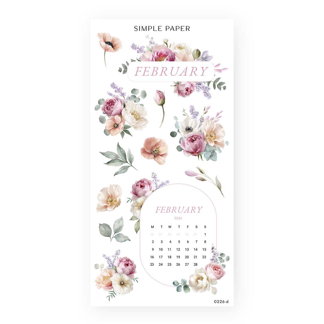 Romanticize Life Sheet D sticker sheet: a February 2026 arch calendar and FEBRUARY banner with peonies