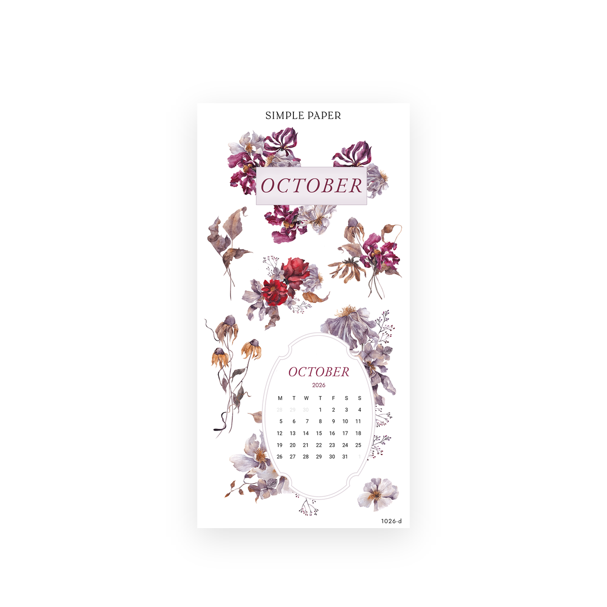 Pretty Season Sheet D sticker sheet: October 2026 mini calendar and October header framed with plum irises