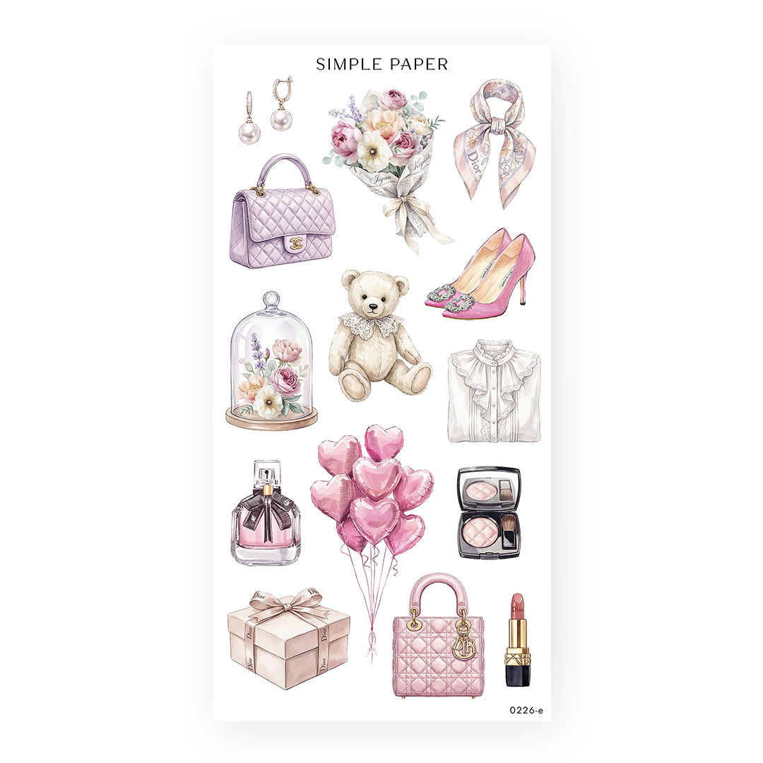 Romanticize Life Sheet E sticker sheet: pearl earrings, a quilted handbag, silk scarf, blouse and perfume