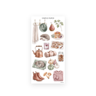 Autumn Living Sheet E sticker sheet: watercolor copper kettle, cinnamon rolls, hedgehog, gourds, boots and cable-knit sweater