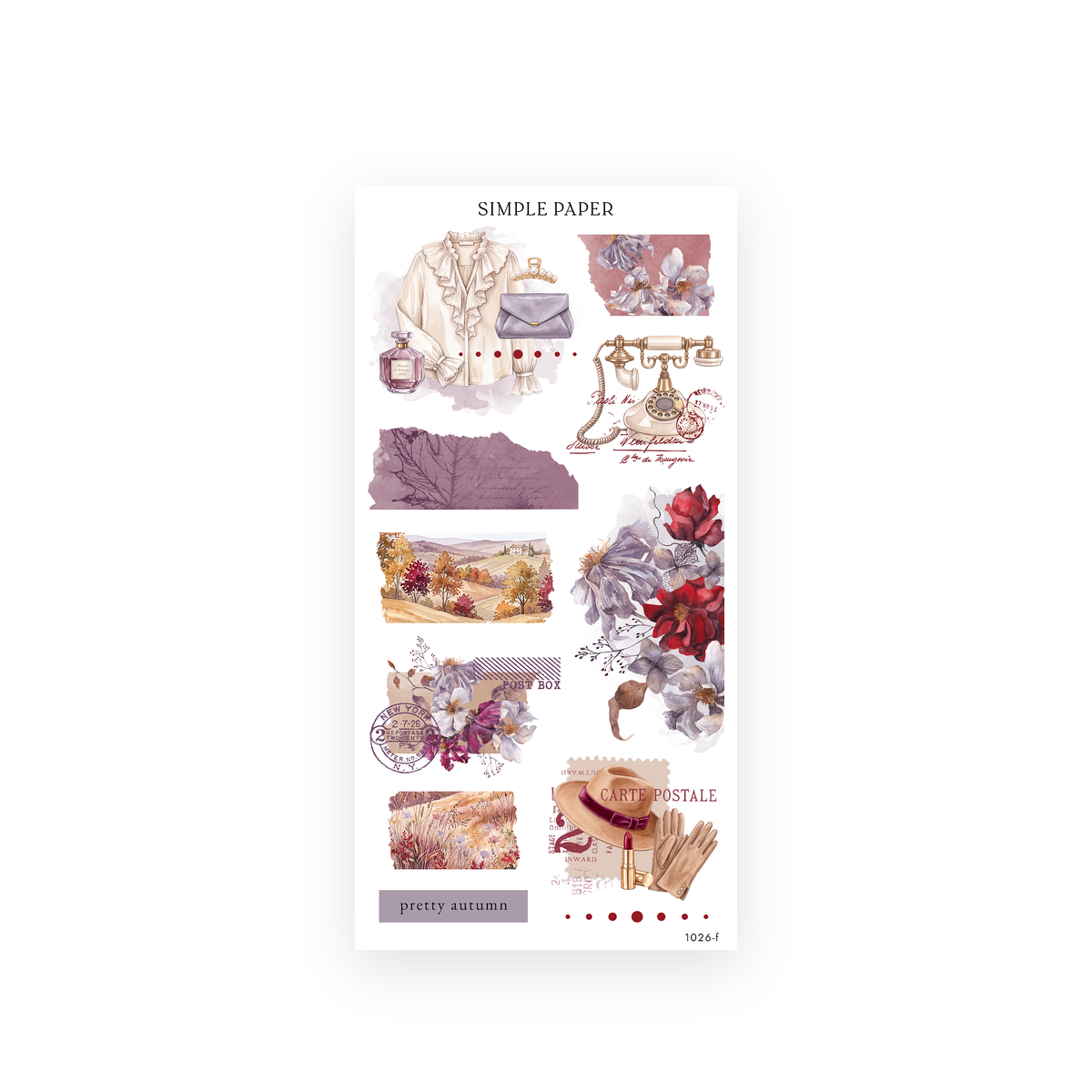Pretty Season Sheet F sticker sheet: watercolor blouse, clutch, perfume, postcard stamps and torn script paper