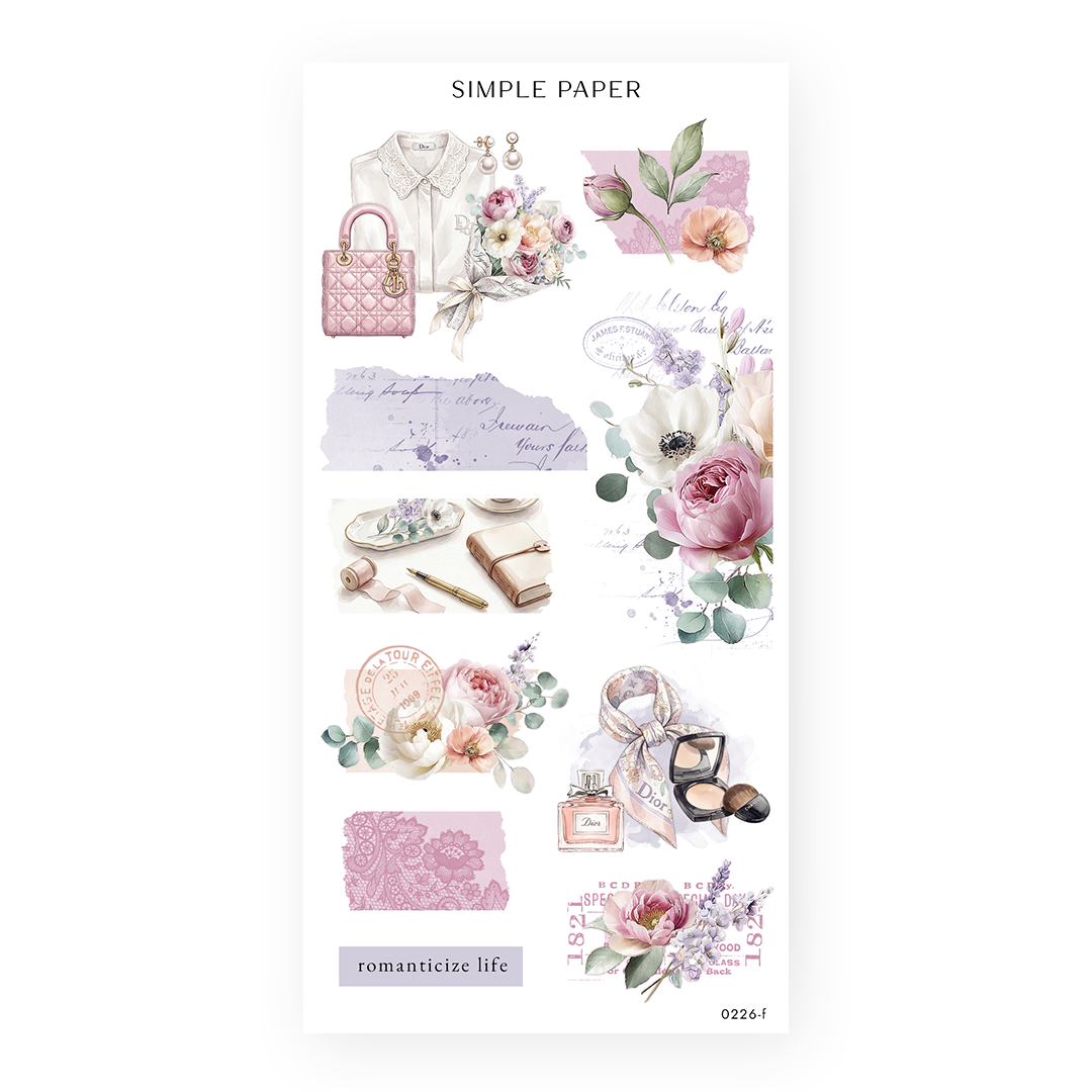 Romanticize Life Sheet F sticker sheet: handwritten letters, postmarks, lace washi and pearl earrings