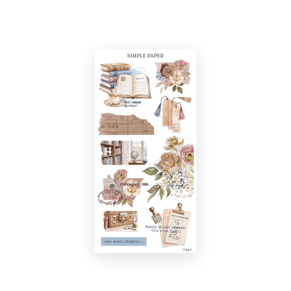 Watercolor open book with tea, library due-date cards, tasseled bookmarks, a card catalog and rose clusters