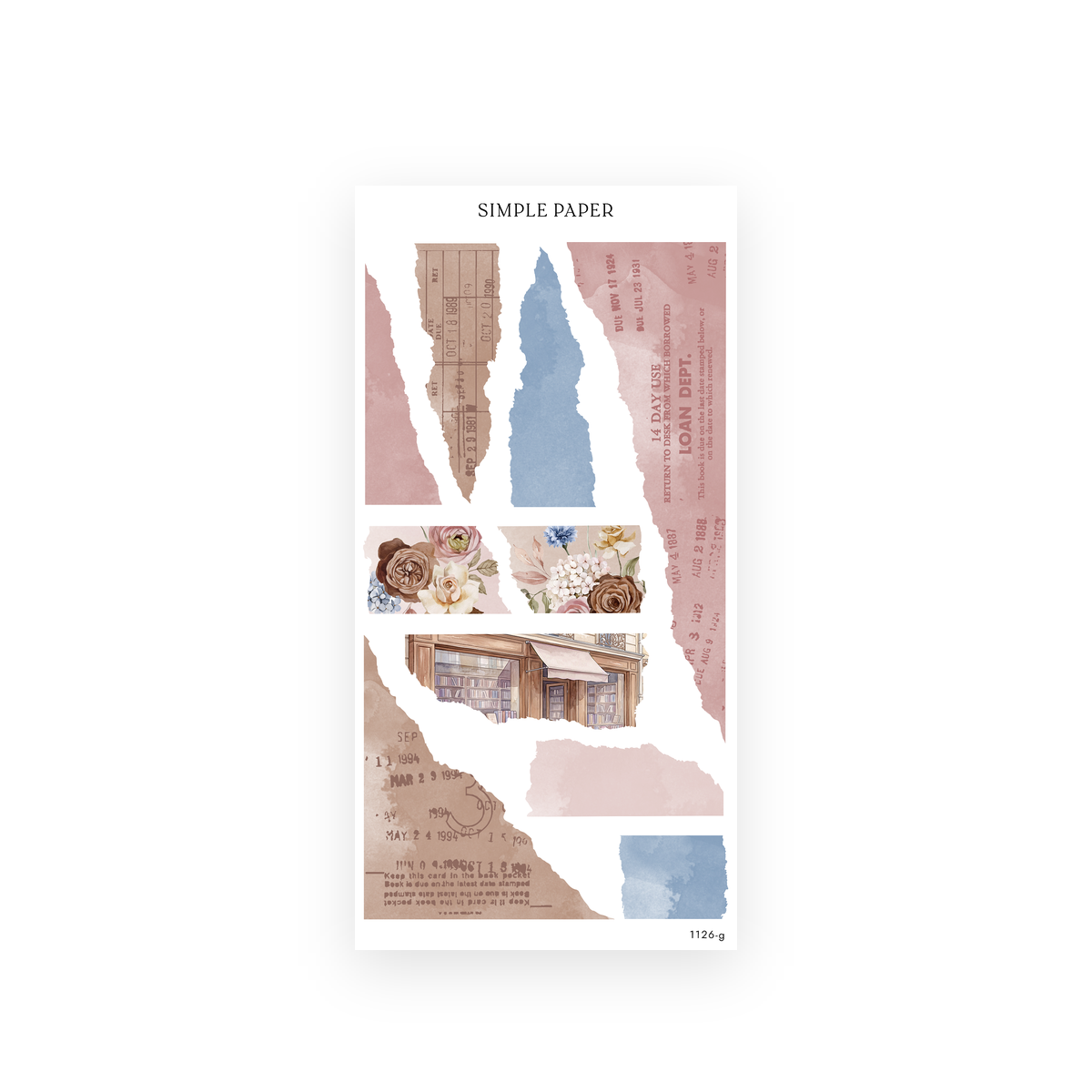 Torn paper strips in rose, tan and blue with library loan stamps, watercolor floral bands and a bookshop storefront