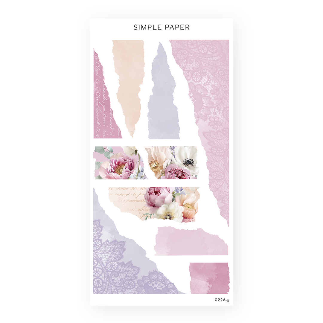 Romanticize Life Sheet G sticker sheet: torn mauve, peach and lavender strips with lace and floral panels