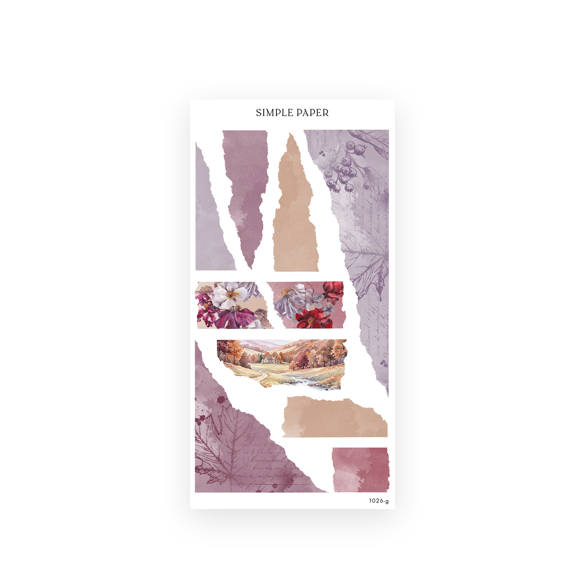 Pretty Season Sheet G sticker sheet: torn-paper strips in plum, mauve and tan with faint script and an autumn landscape