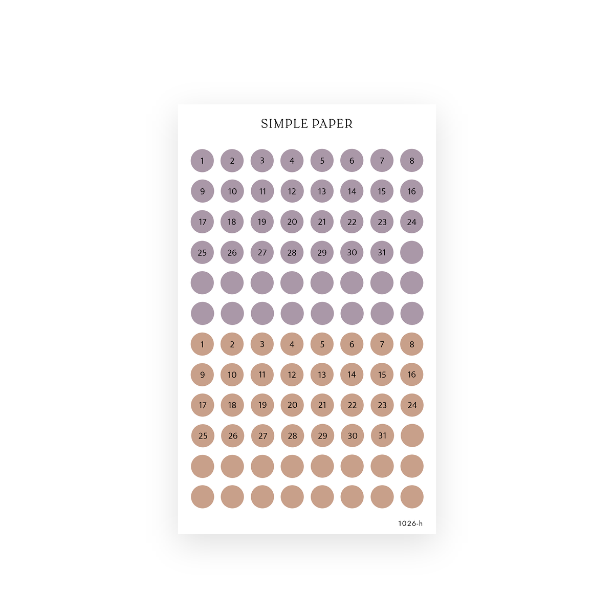 Pretty Season Sheet H sticker sheet: date dot stickers numbered 1 to 31 in dusty purple and tan with blank circles