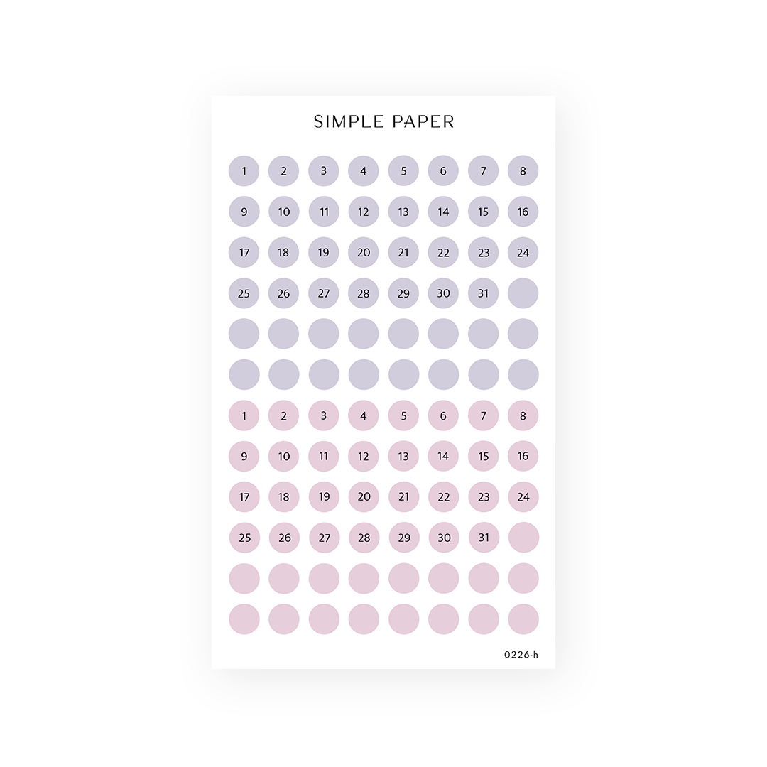 Romanticize Life Sheet H sticker sheet: date dots numbered 1 to 31 in lavender grey and dusty pink
