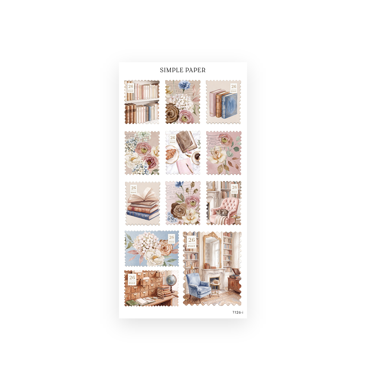 Scalloped postage stamp stickers of library reading rooms, bookshelves, book stacks and watercolor rose bouquets