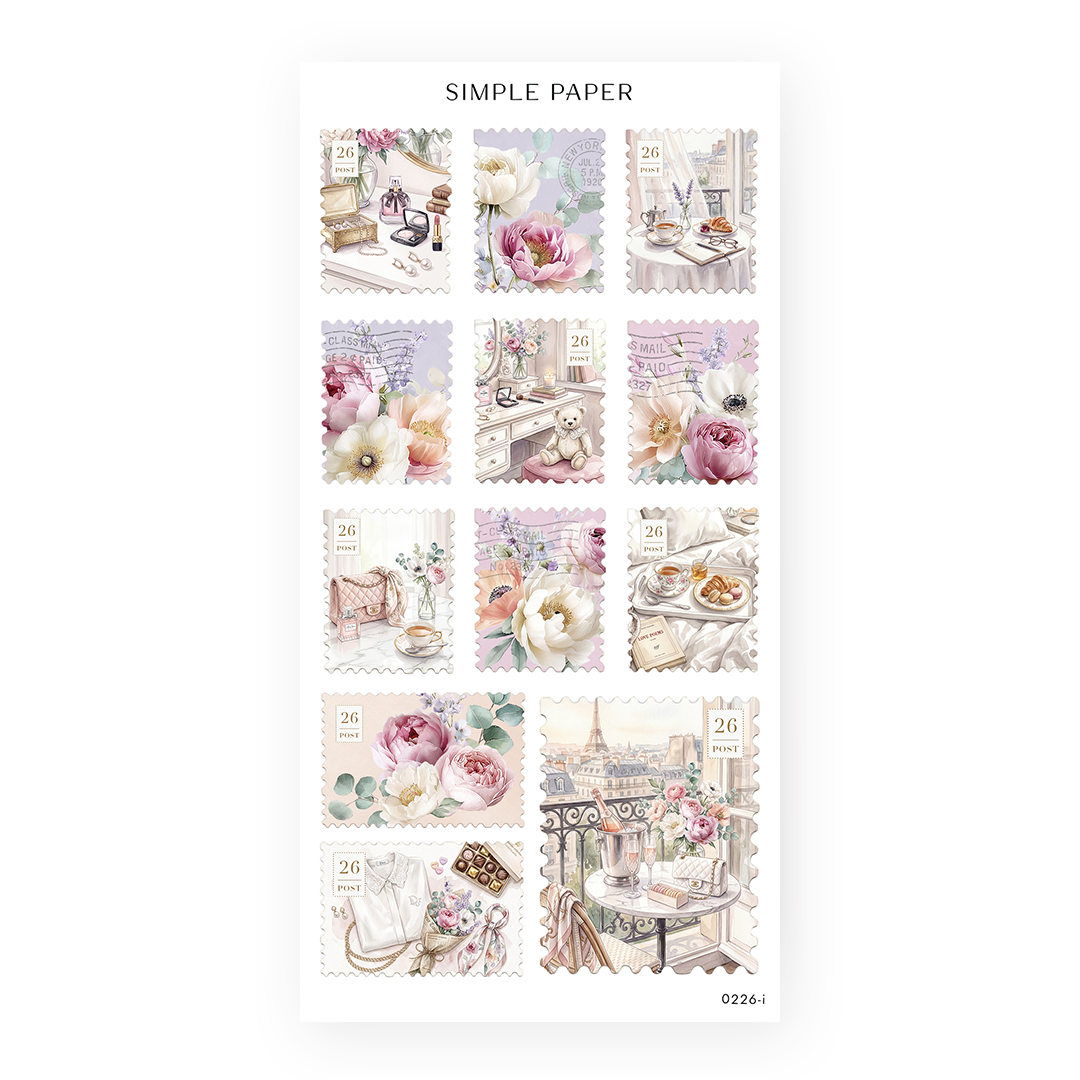 Romanticize Life Sheet I sticker sheet: postage stamps of a vanity, a cafe breakfast and a balcony view