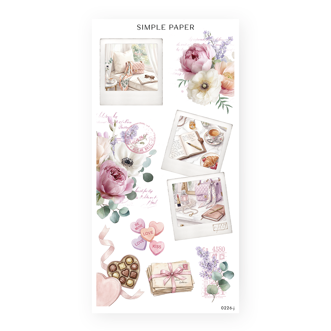 Romanticize Life Sheet J sticker sheet: instant photo frames with candy hearts, chocolates and love letters