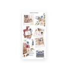 Instant photo frames of a reading nook and bookshelves, a blue typewriter, open books with glasses and rose bouquets